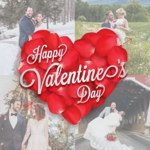 A heart made of rose petals with text that says "Happy Valentine's Day!"